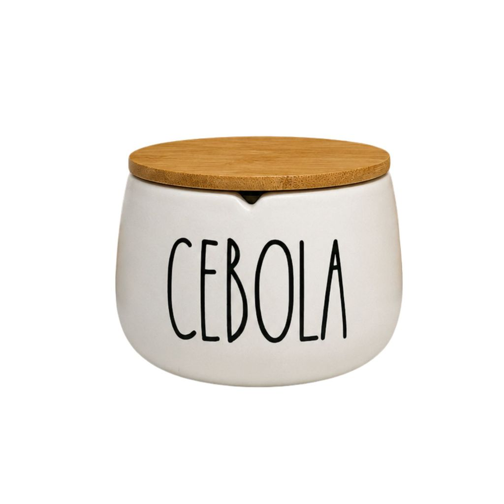 Porta Cebola em Cerâmica com Tampa de Bambu Chique Minimalista